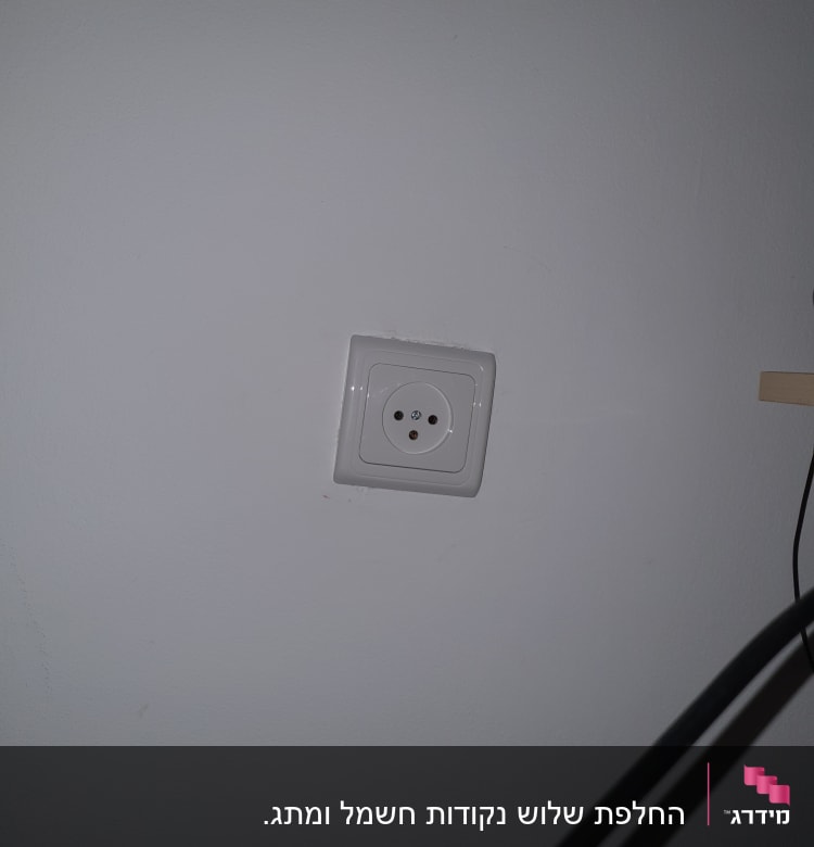 שקע חשמלי בקיר לבן עם כבלים קרובים